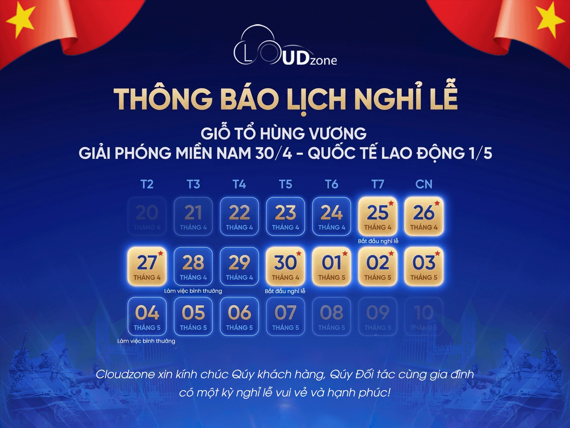 Thông báo lịch nghỉ Giỗ Tổ Hùng Vương, 30/4 & 1/5 2026