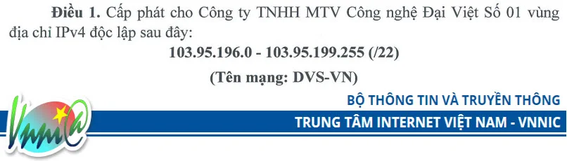 Đại Việt Số trở thành thành viên địa chỉ IP của VNNIC