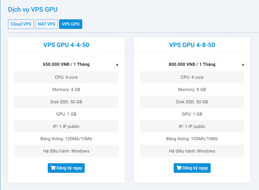 Bảng giá VPS GPU treo game tại Cloudzone