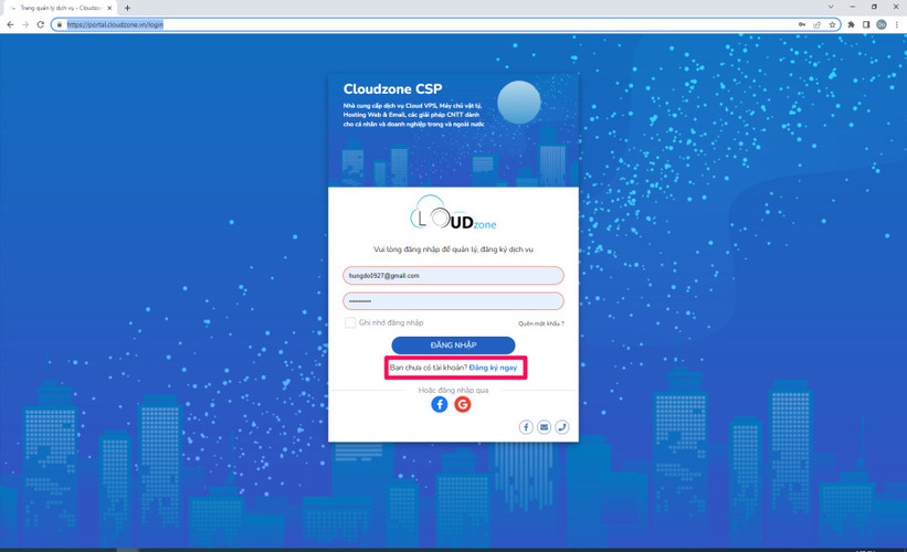 Đăng ký tài khoản trên Portal Cloudzone