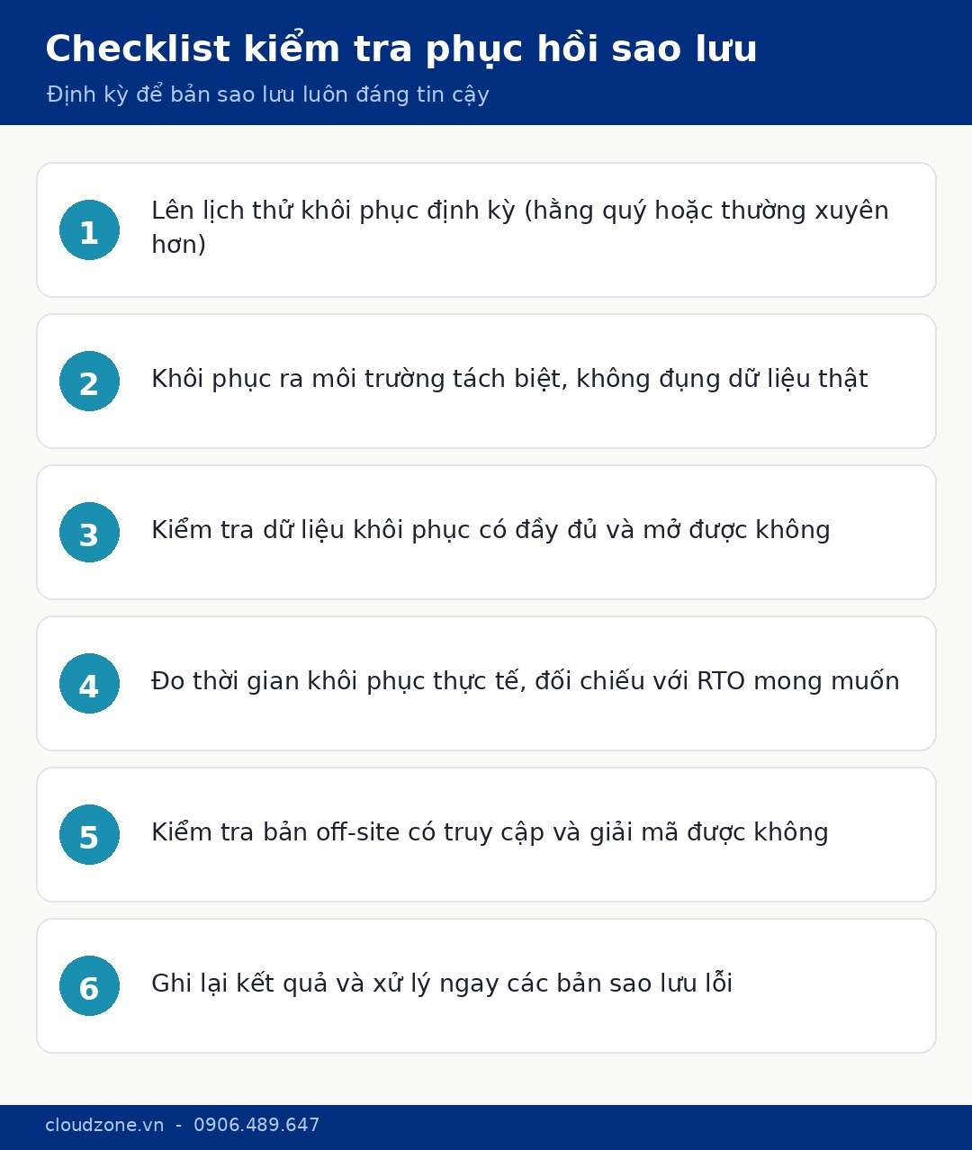 Checklist kiểm tra phục hồi bản sao lưu định kỳ