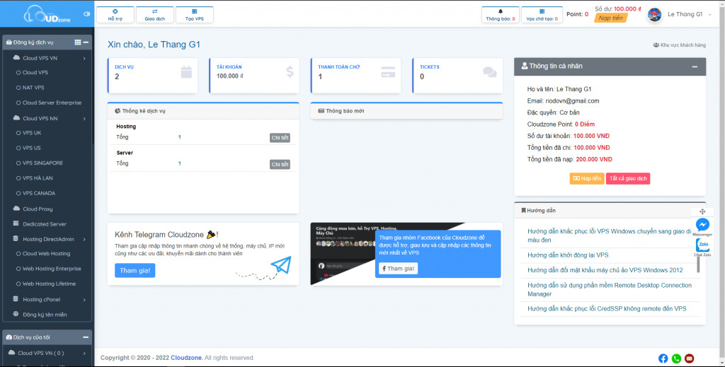 Giao diện quản lý dịch vụ hosting trên Cloudzone Portal