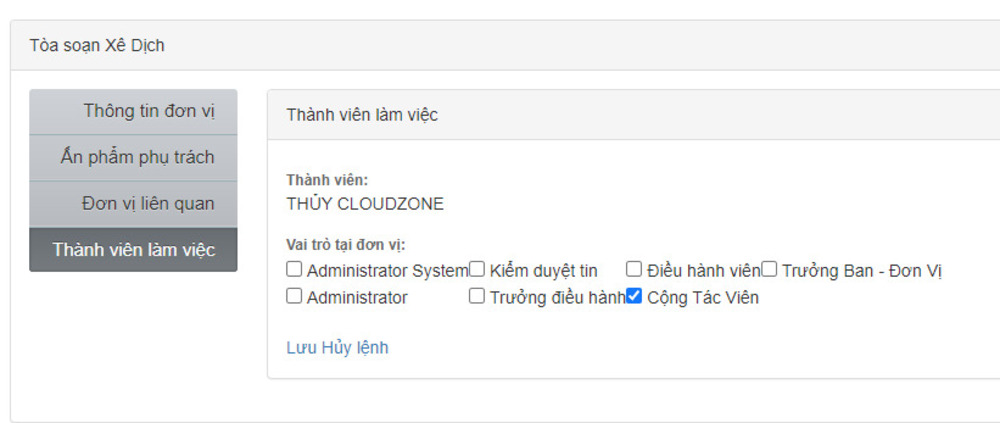 Cơ cấu tổ chức và phân quyền cộng tác viên trên VinaCMS