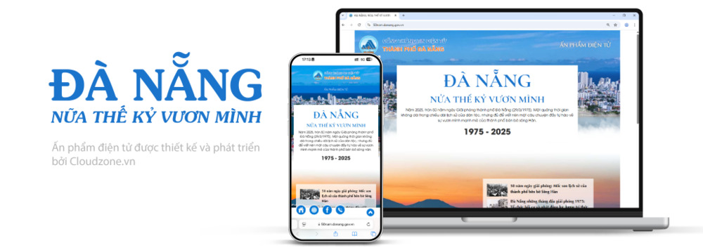 Ấn phẩm 50 Năm Đà Nẵng hiển thị trên laptop và smartphone