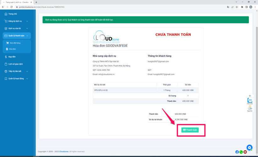 Thanh toán dịch vụ VPS GPU