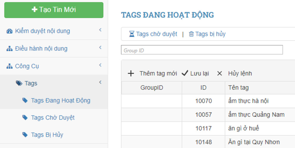 Quản lý tags trên VinaCMS
