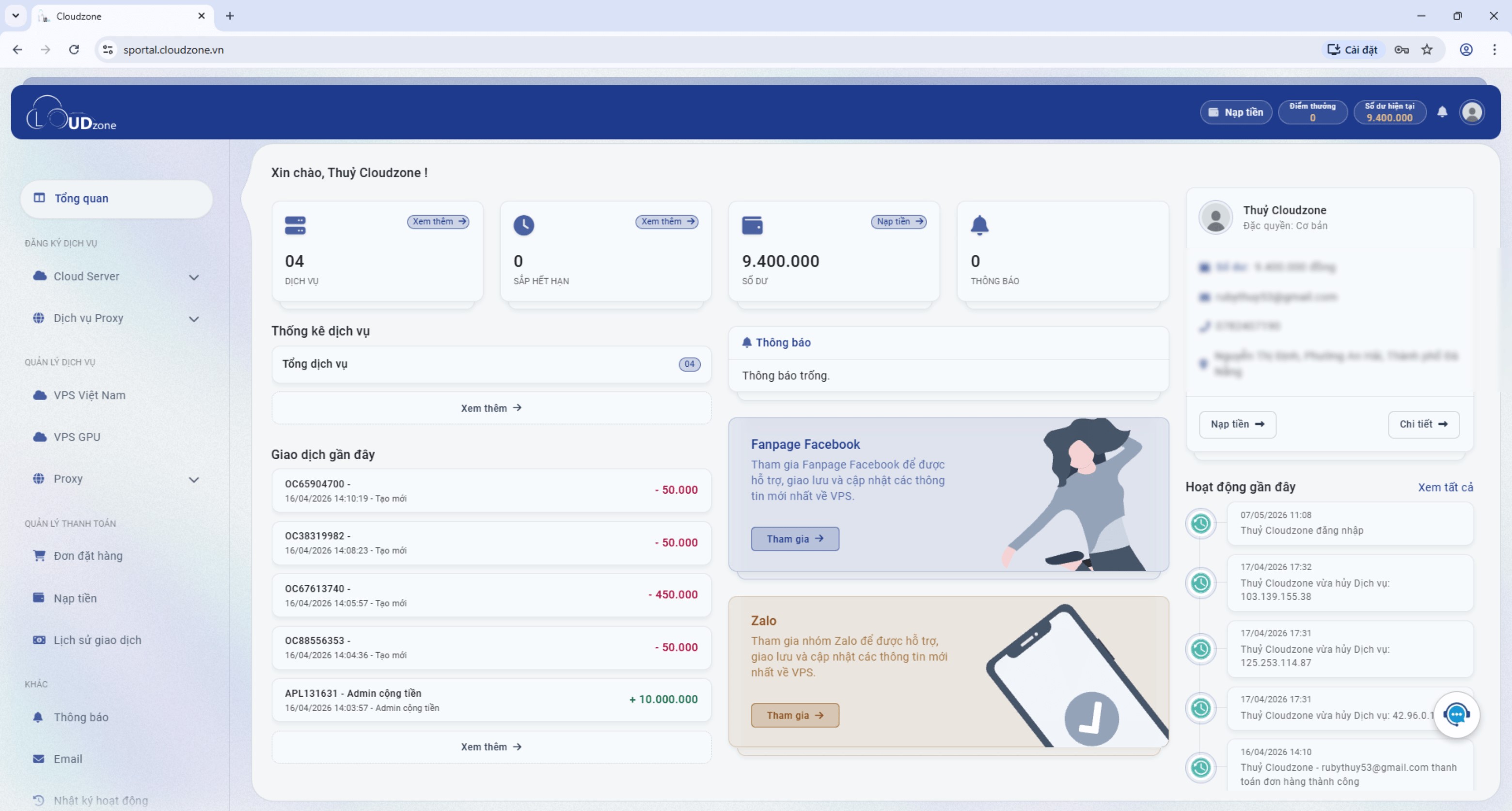 Giao diện sPortal - nền tảng tự phục vụ và tự động hóa quản trị đám mây Cloudzone