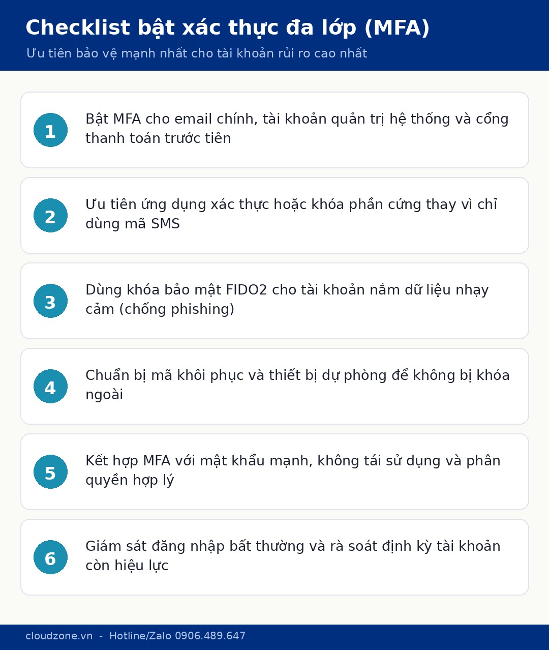 Checklist bật xác thực đa lớp cho các hệ thống quan trọng