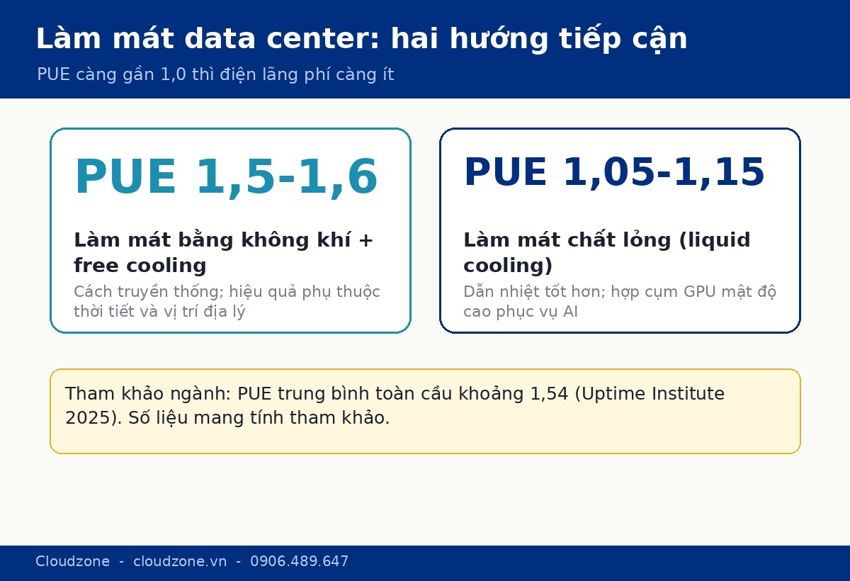So sánh PUE: làm mát không khí và làm mát chất lỏng