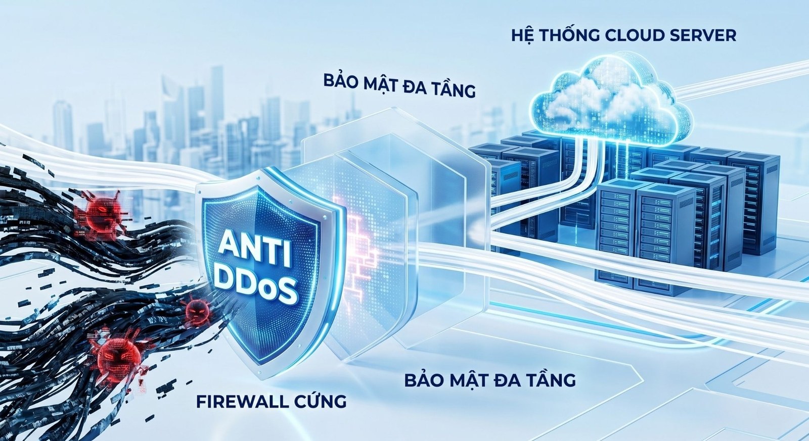 Bảo mật đa tầng: Anti-DDoS, tường lửa cứng bảo vệ hệ thống Cloud Server
