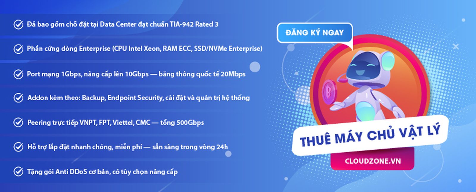 Thuê máy chủ vật lý tại Cloudzone — hạ tầng Enterprise, peering 500Gbps